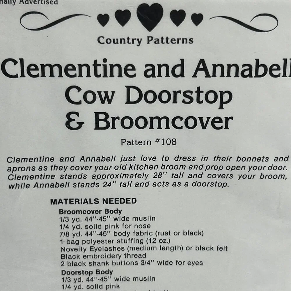 Clementine & Annabell Cow Doorstop Broomcover NEW Vintage Sewing Pattern 1988